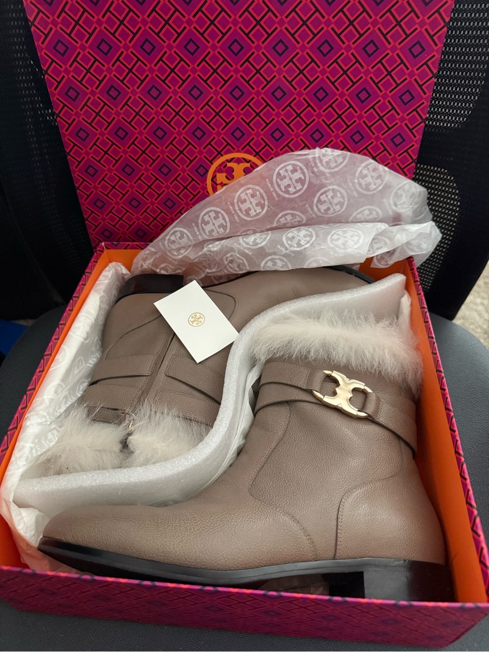 Tory Burch Gemini Taupe Leather Fur-Trim Ankle Boots with Gold Logo Accent